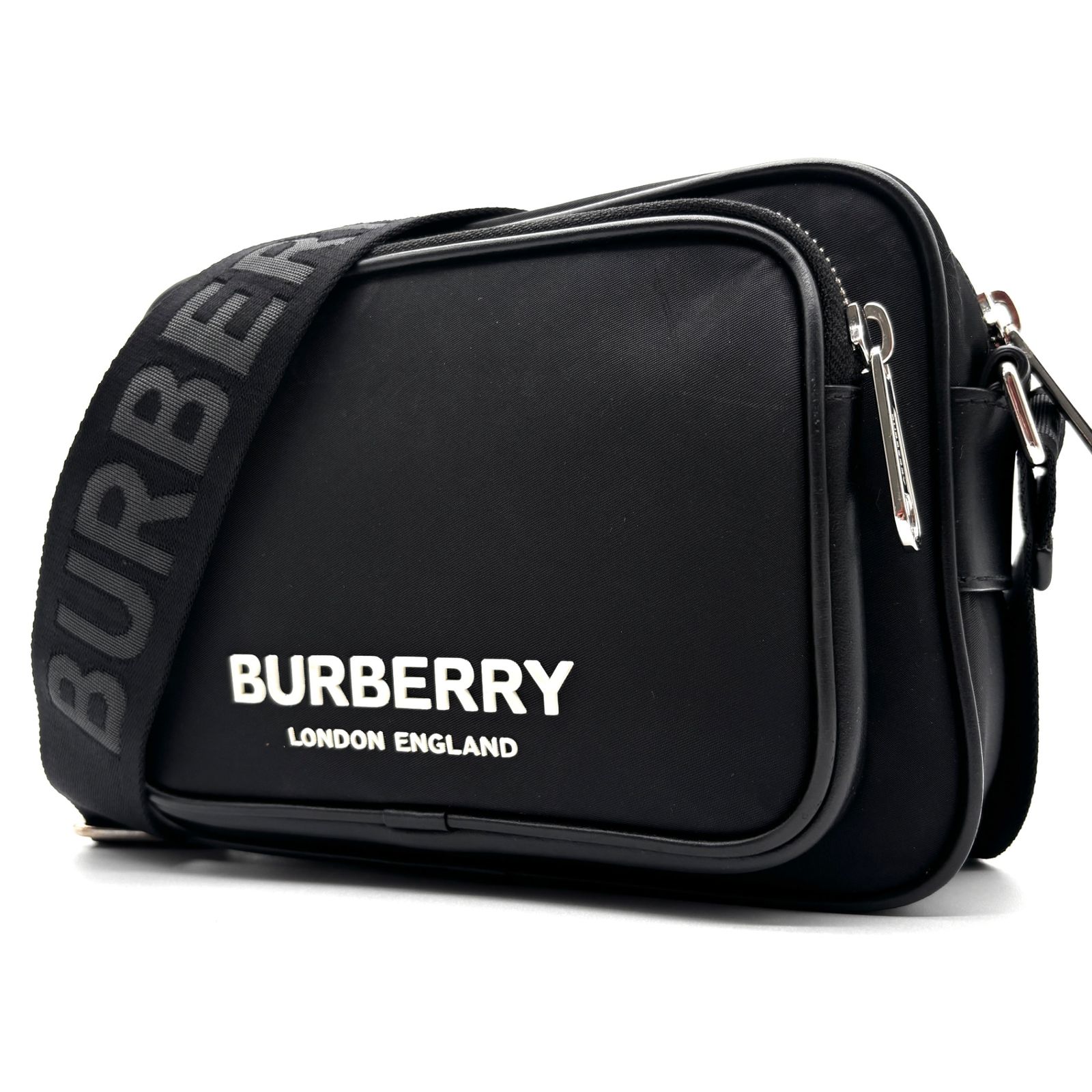 近年モデル BURBERRY LONDON バーバリーロンドン ショルダーバッグ カメラバッグ ロゴプリント メンズ レディース ブラック ナイロン レザー 8049094