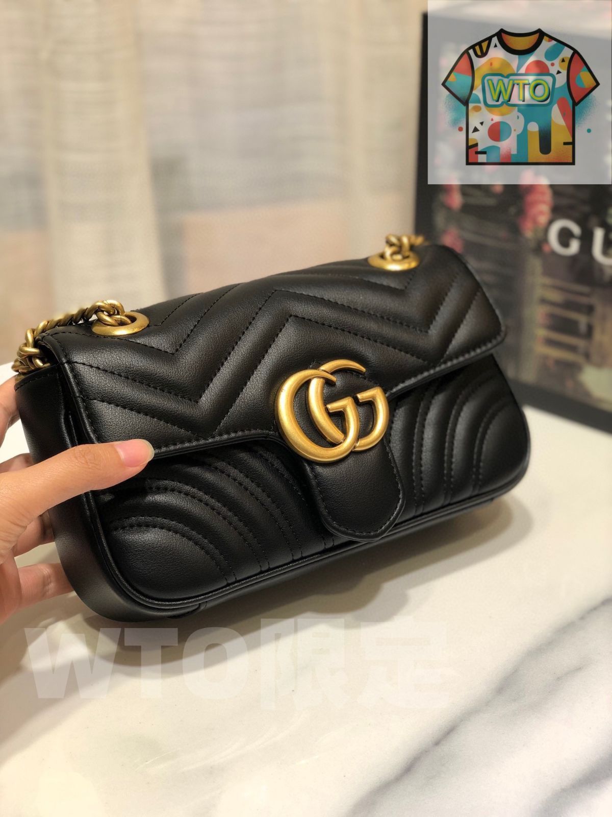 今日 GUCCI GG Marmont ブラック 22 x 15 ウェーブレザーチェーンバッグ 価格 WTO輸入1