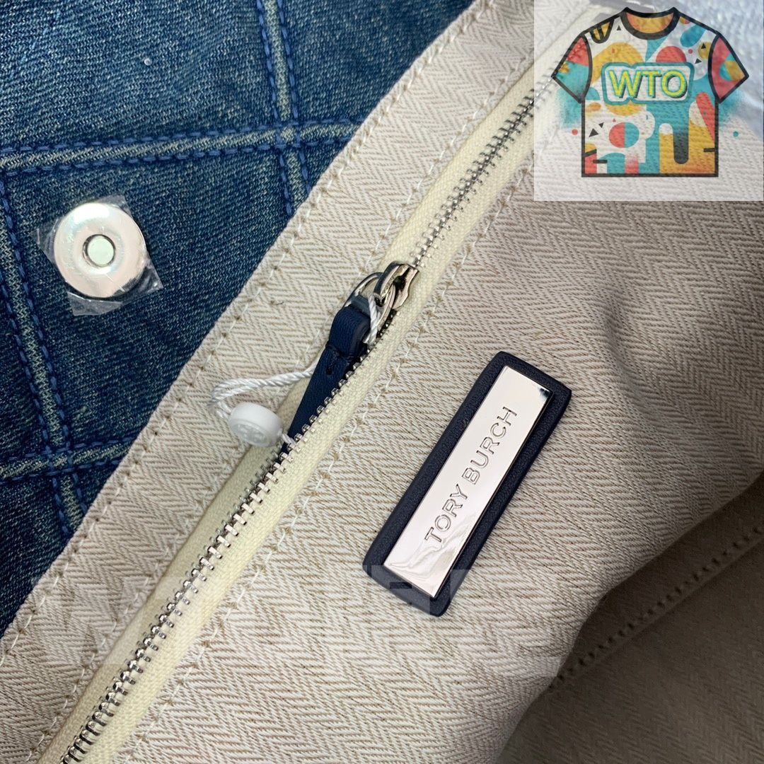 デニムブルー生地の菱格子チェーンショッピングバッグ