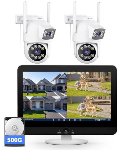 デュアルレンズカメラ 自動追尾 常時録画 VORGUT ワイヤレス防犯カメラ 12インチモニター録画機 無線 監視カメラ 防水IP66 360°パンチルト投光 威嚇機能 工事不要 簡単設置 5年保証 300万画素カメラ×2台 12イ 6d490416