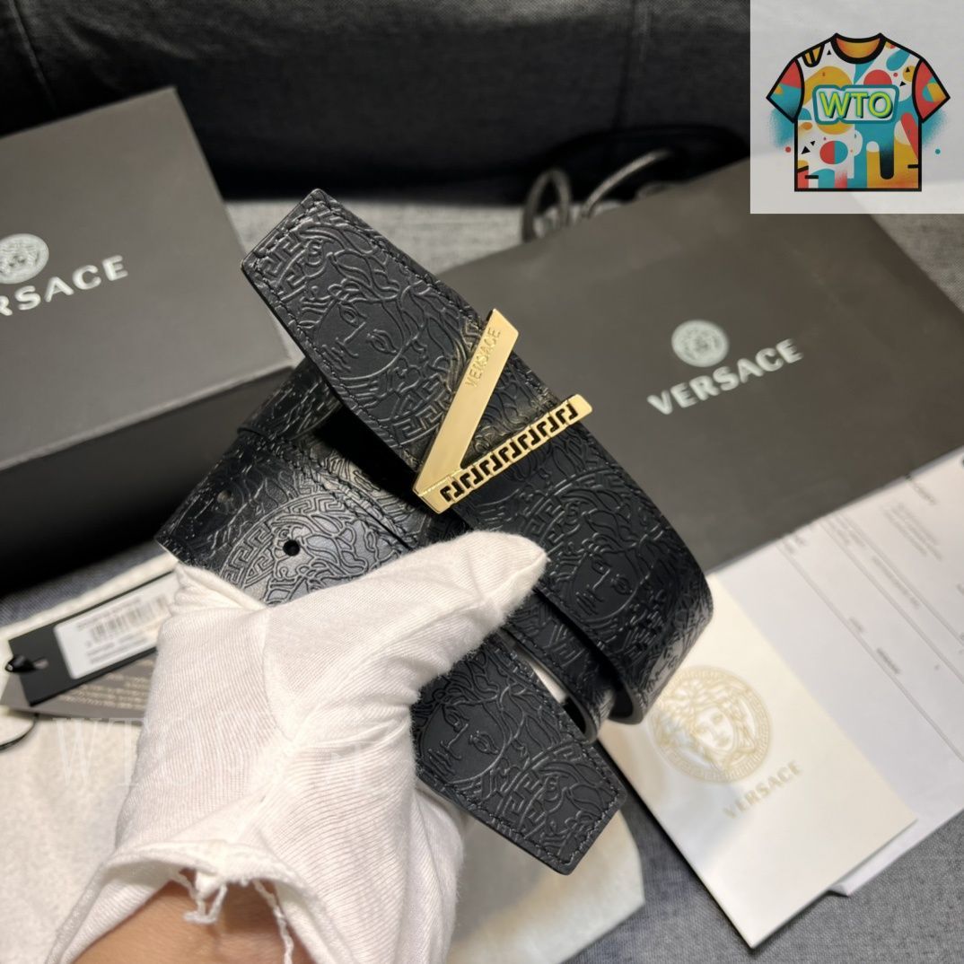 今日 VERSACE 4.0cm V Greca デザイン メンズベルト-1