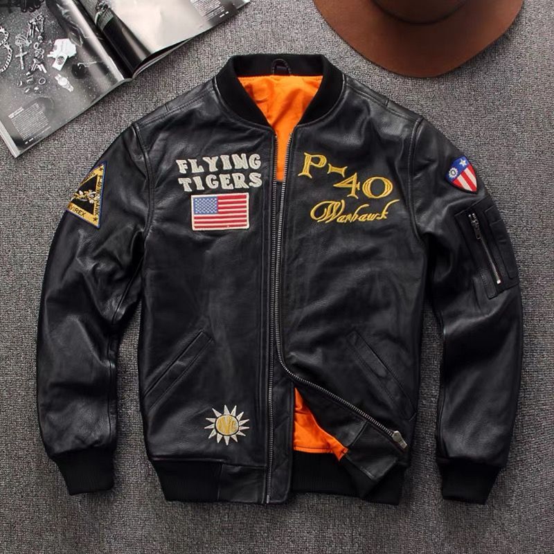 h 美式ヴィンテージ メンズ 本革レザージャケット MA-1 フライングタイガー 刺繍 フライトジャケット ショート丈 タイトフィット 秋冬