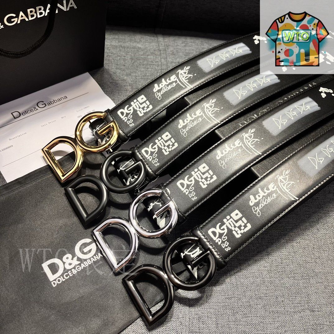 今日 Dolce-Gabbana 4.0cm ブラックプリント 小牛皮ベルト - DG ロゴ付き-1