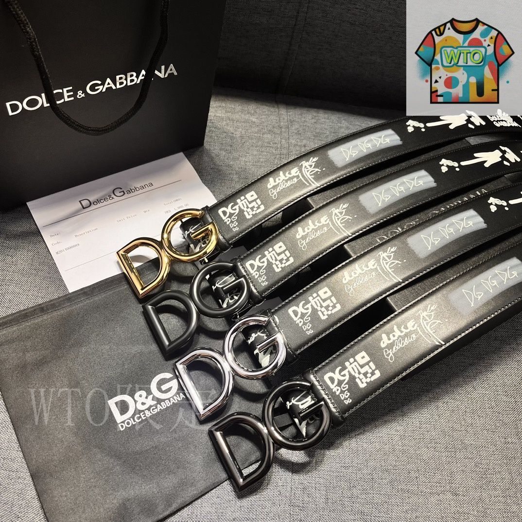 今日 Dolce-Gabbana 4.0cm ブラックプリント 小牛皮ベルト - DG ロゴ付き-1