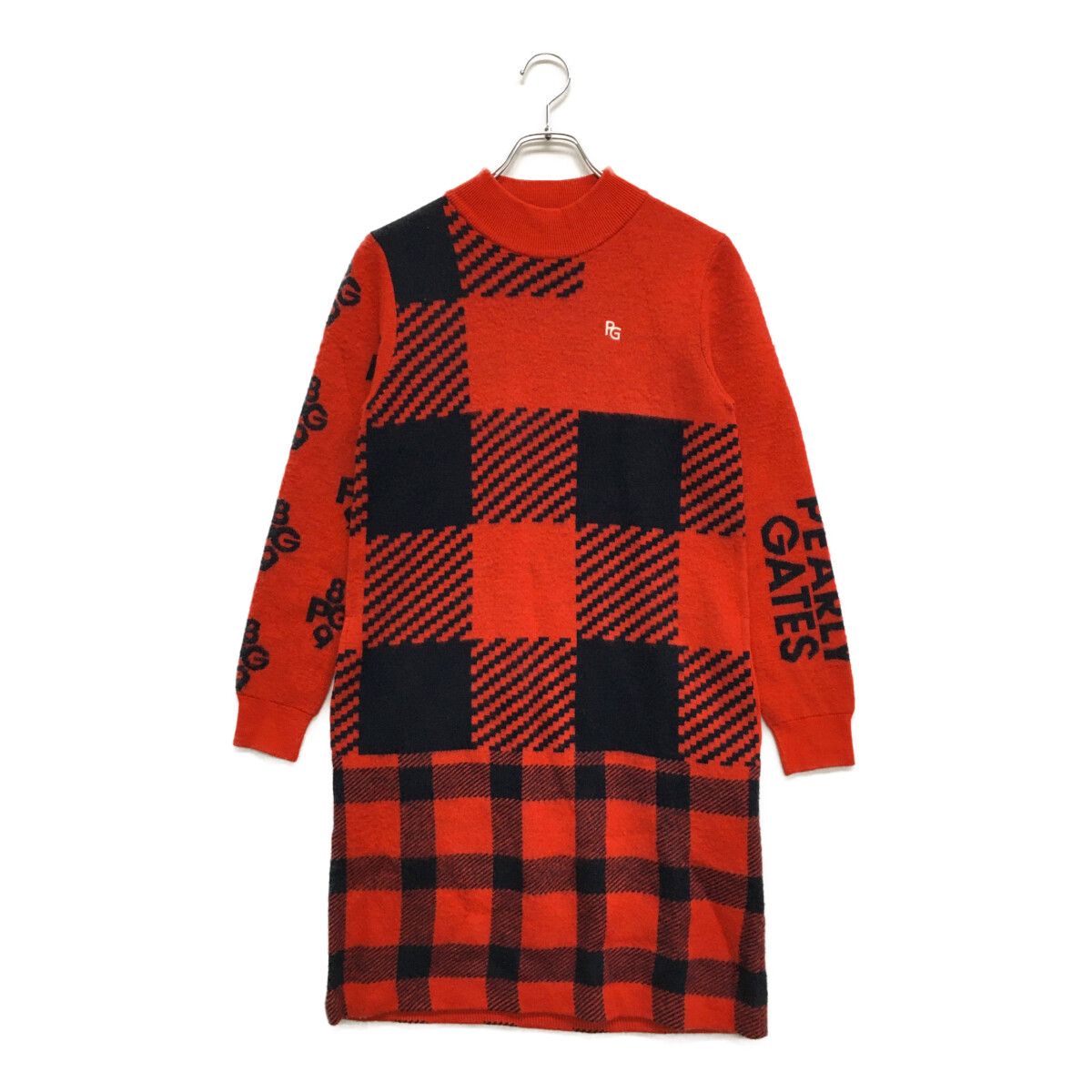 レディース パーリーゲイツ PEARLY GATES ワンピース 0 S 赤×紺 ニット 長袖 チェック