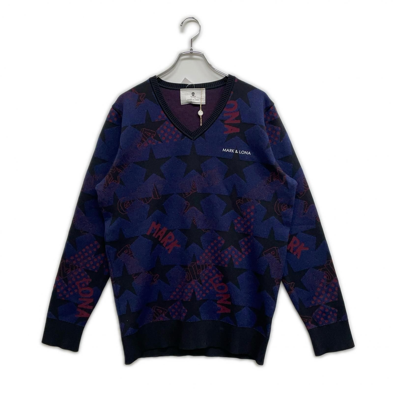 メンズ マークアンドロナ MARK-LONA セーター 50 LL 紺 ネイビー 長袖 Vネック 総柄
