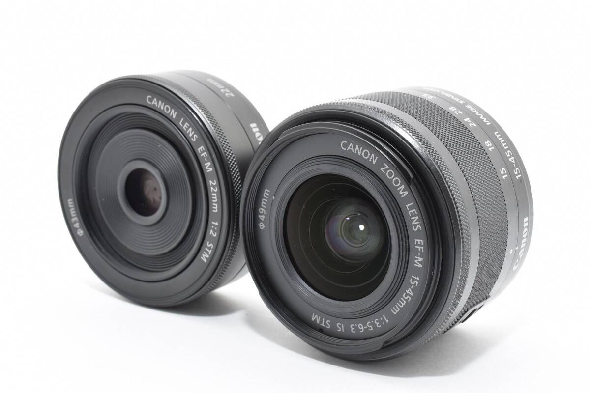 上品 キヤノン Canon EOS Kiss M ダブルレンズ EF-M 15-45mm F3.5-6.3 22mm F2 STM T56#4836
