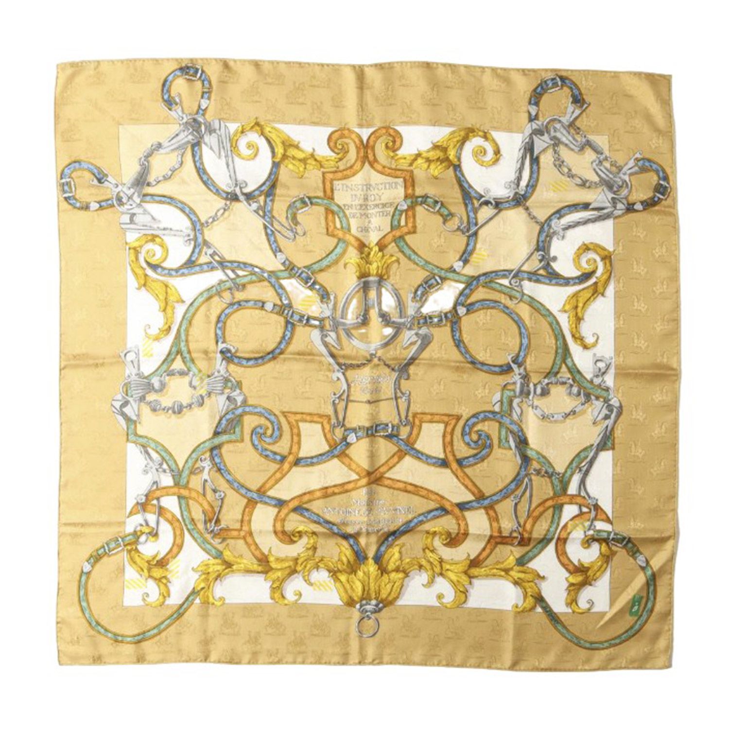 HERMES エルメス 帝王学 カレ90 スカーフ 総柄 ロゴ プリント シルク ベージュ系 フランス製 ブランド ファッション アイテム 小物 レディース