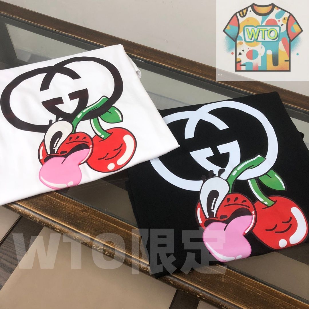 WTO通販 GUCCI 夏季新款 カップル用 綿 クルーネックTシャツ ブラック ホワイト WTO輸入 CWY 48