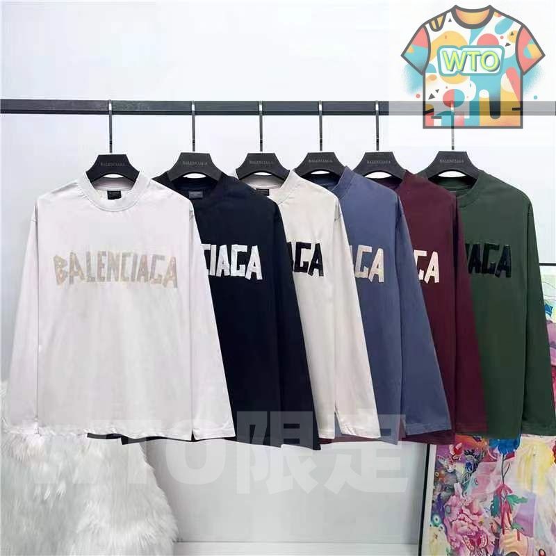 WTO通販 BALENCIAGA メンズ＆レディース ロングスリーブ Tシャツ テーププリント ウォッシュ加工 6色展開 XS-L -WTO輸入-SJB24