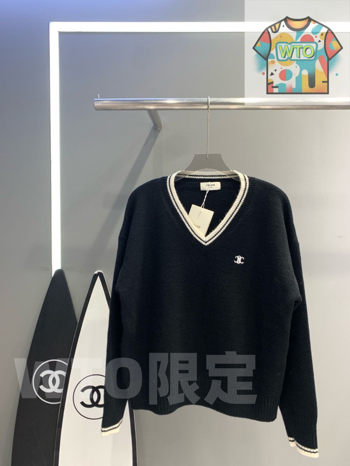 WTO通販 Celine レディース Vネック ニットセーター トライアンフ刺繍 ブラック フリーサイズ -WTO輸入-AAK65