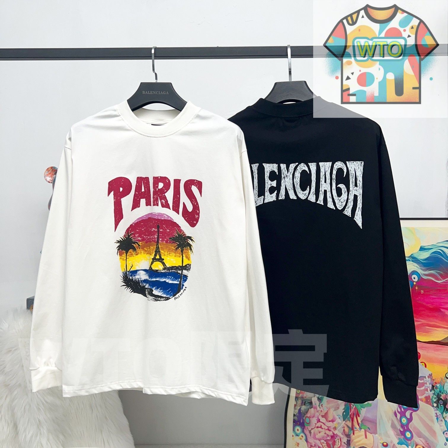 WTO通販 BALENCIAGA メンズ&レディース ロングスリーブ Tシャツ ハワイアン パームツリー プリント ベージュ ブラック XS-L -WTO輸入-DGH50