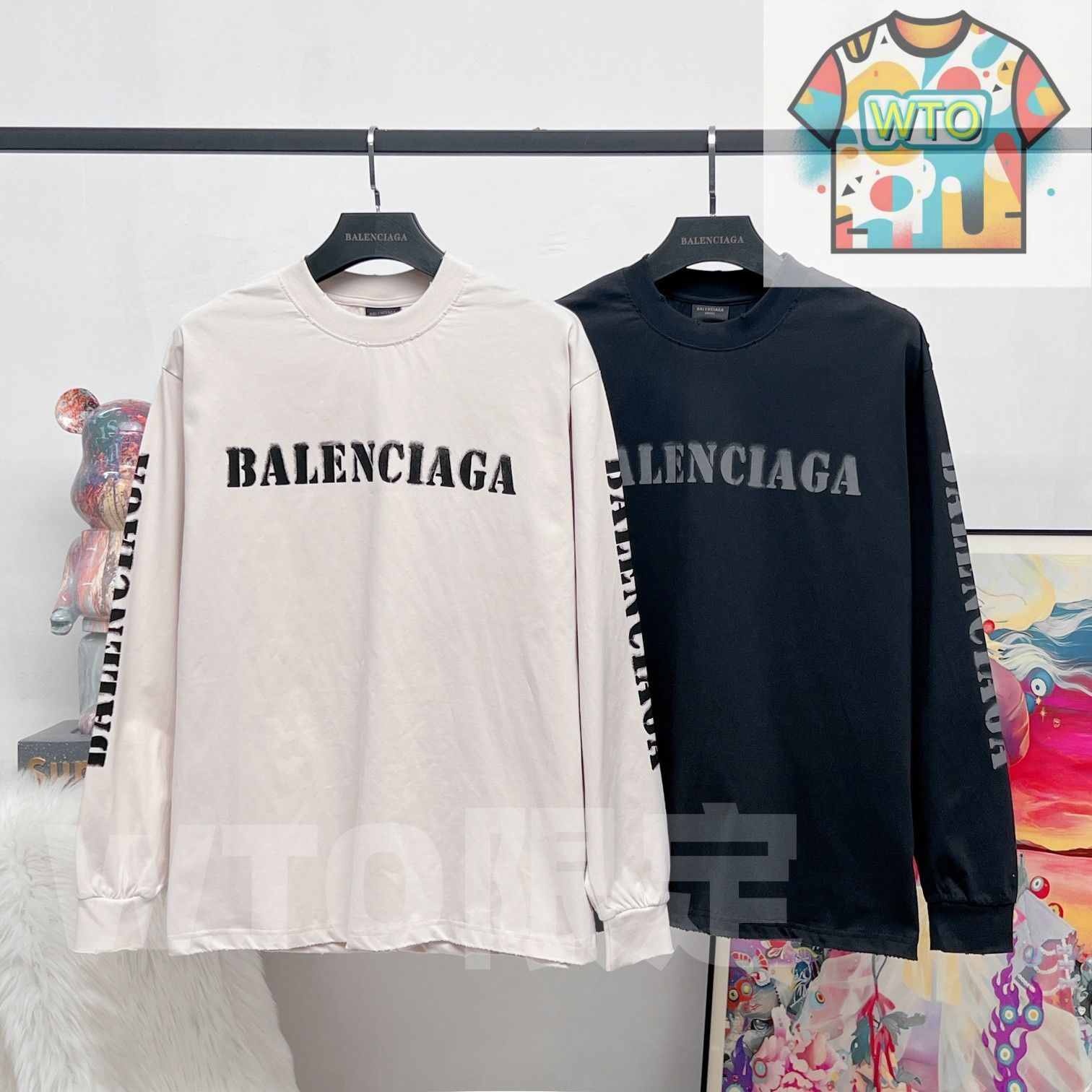 BALENCIAGA メンズ&レディース ロングスリーブ Tシャツ グラデーション プリント グレーブルー グレーベージュ XS-L