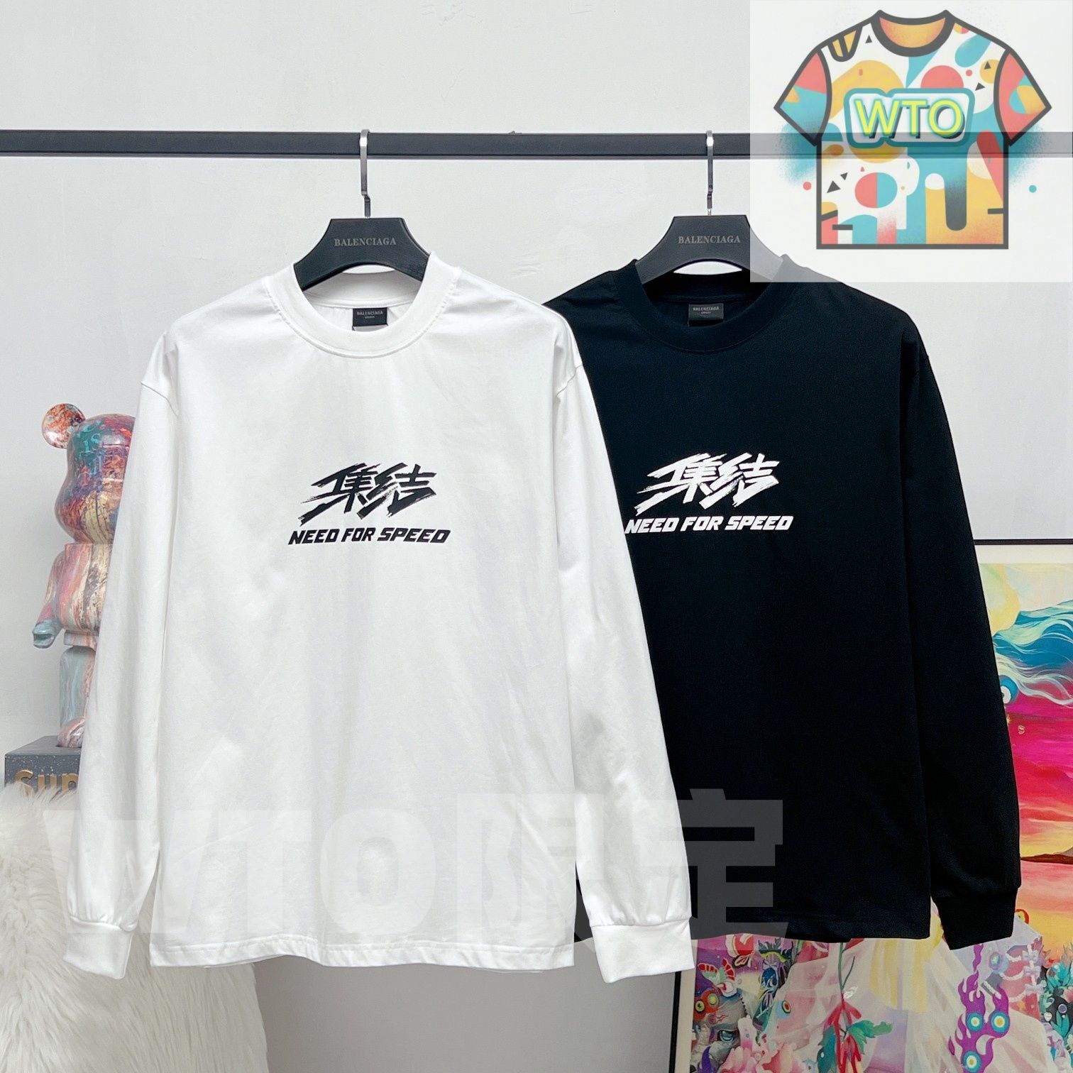 BALENCIAGA メンズ&レディース ロングスリーブ Tシャツ 直噴プリント ホワイト ブラック XS-L