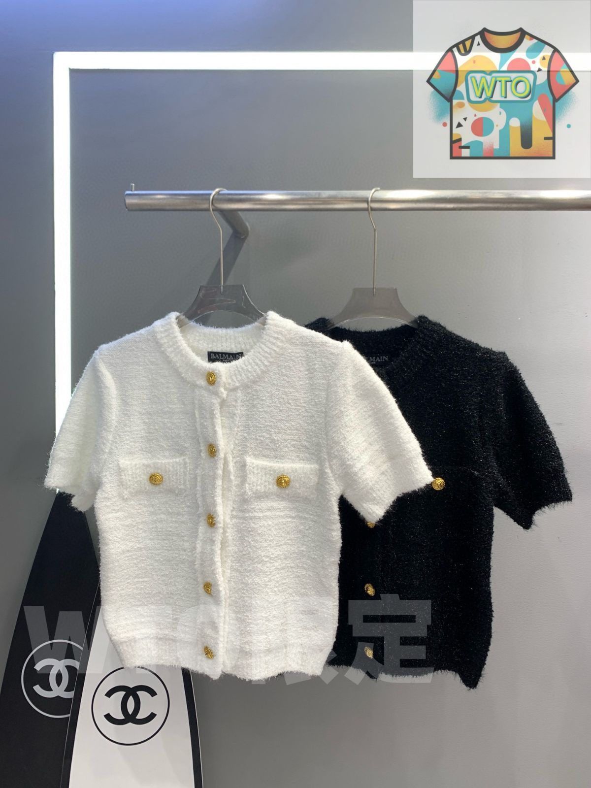 Balmain レディース カーディガン ゴールドボタン 丸襟 ホワイト ブラック フリーサイズ
