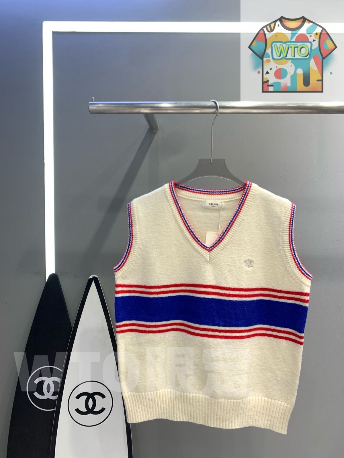 Celine レディース Vネック ベスト トライアンフ刺繍 ブロック フリーサイズ