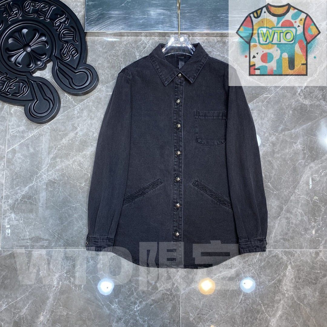 Chrome Hearts メンズ デニムシャツ 刺繍＆レザーパッチ ブラック S-XL