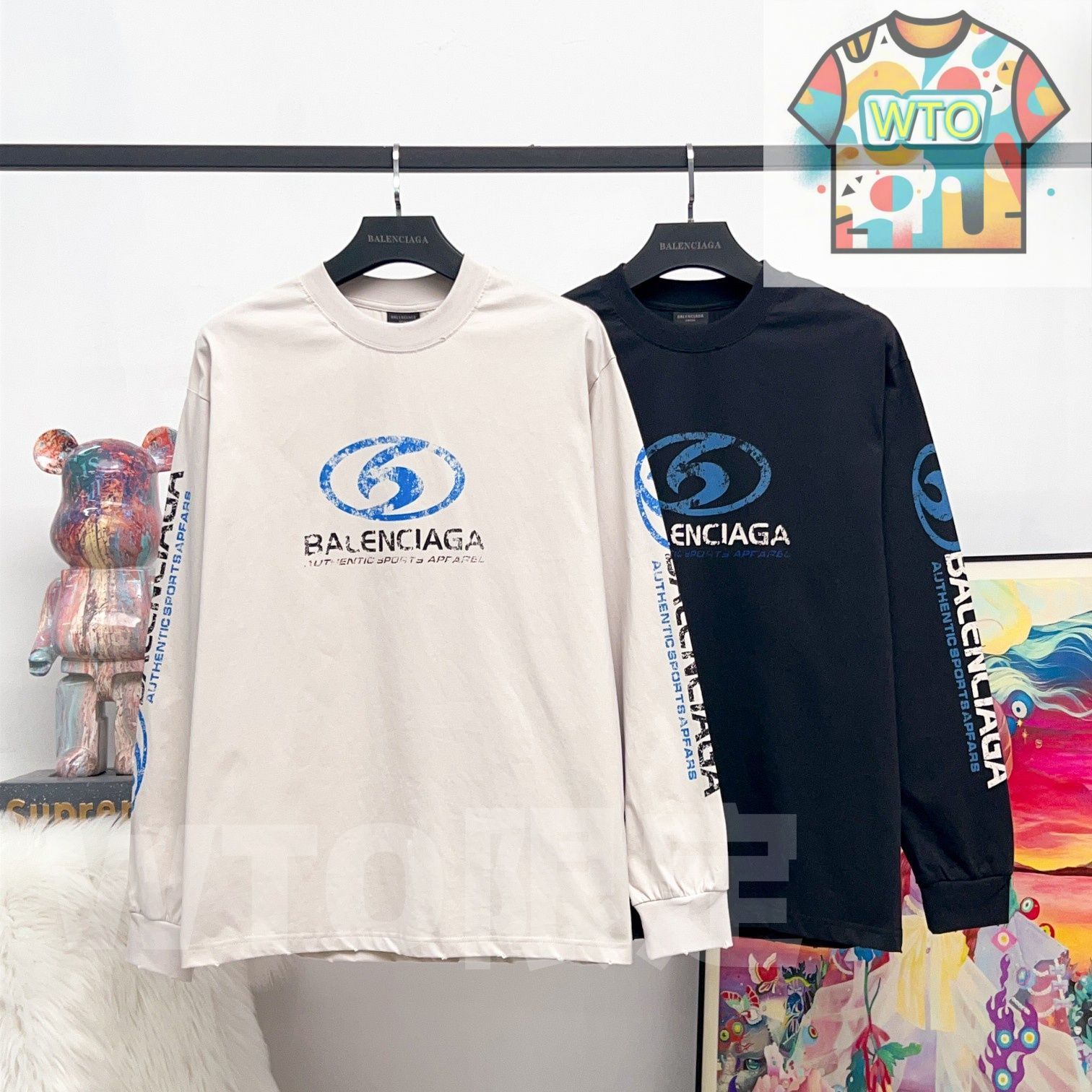 WTO通販 BALENCIAGA メンズ＆レディース ロングスリーブ Tシャツ サファーブルー プリント ウォッシュ加工 グレーホワイト オフィシャルグレー XS-L -WTO輸入-CVF56