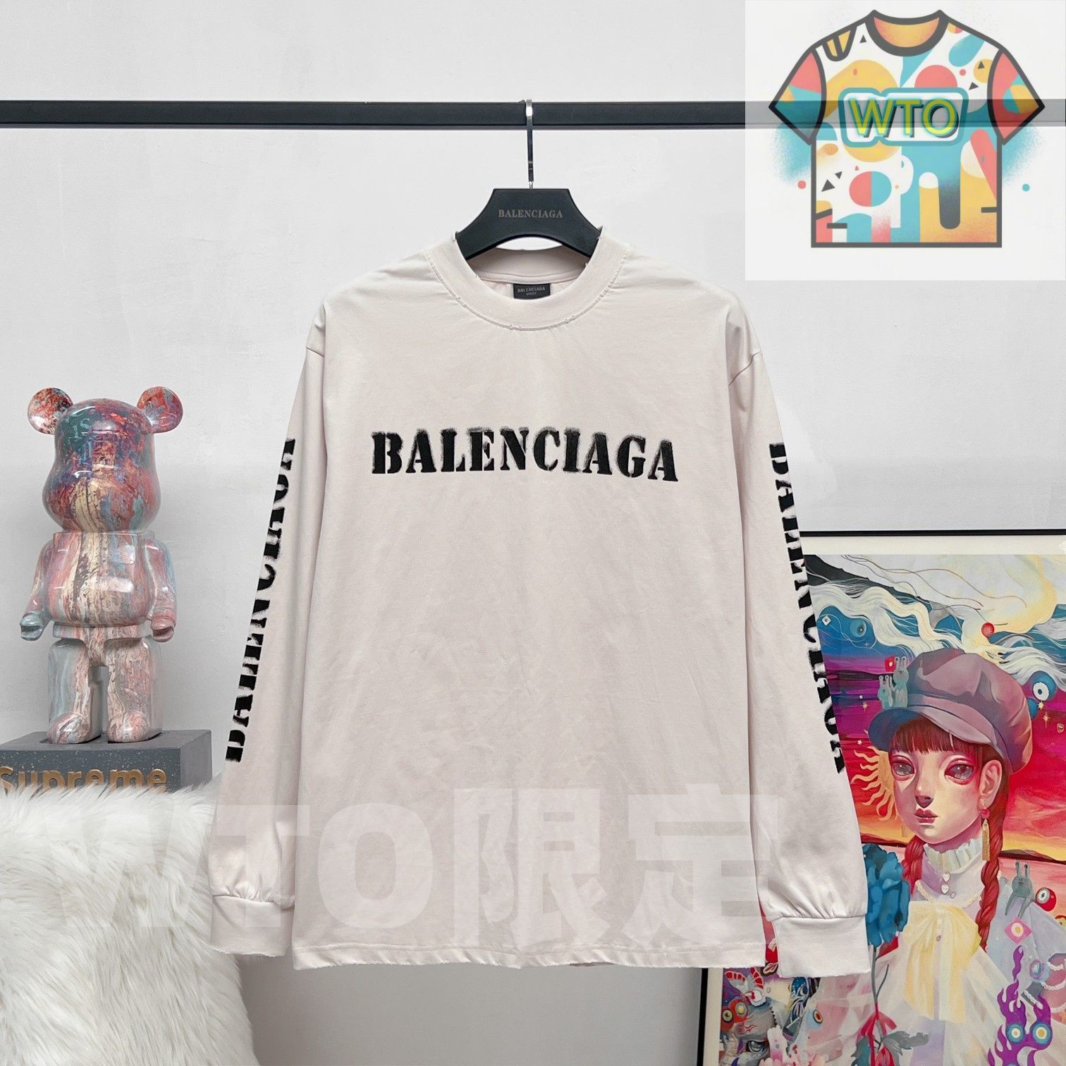BALENCIAGA メンズ＆レディース ロングスリーブ Tシャツ グラデーション プリント グレーブルー グレーベージュ XS-L