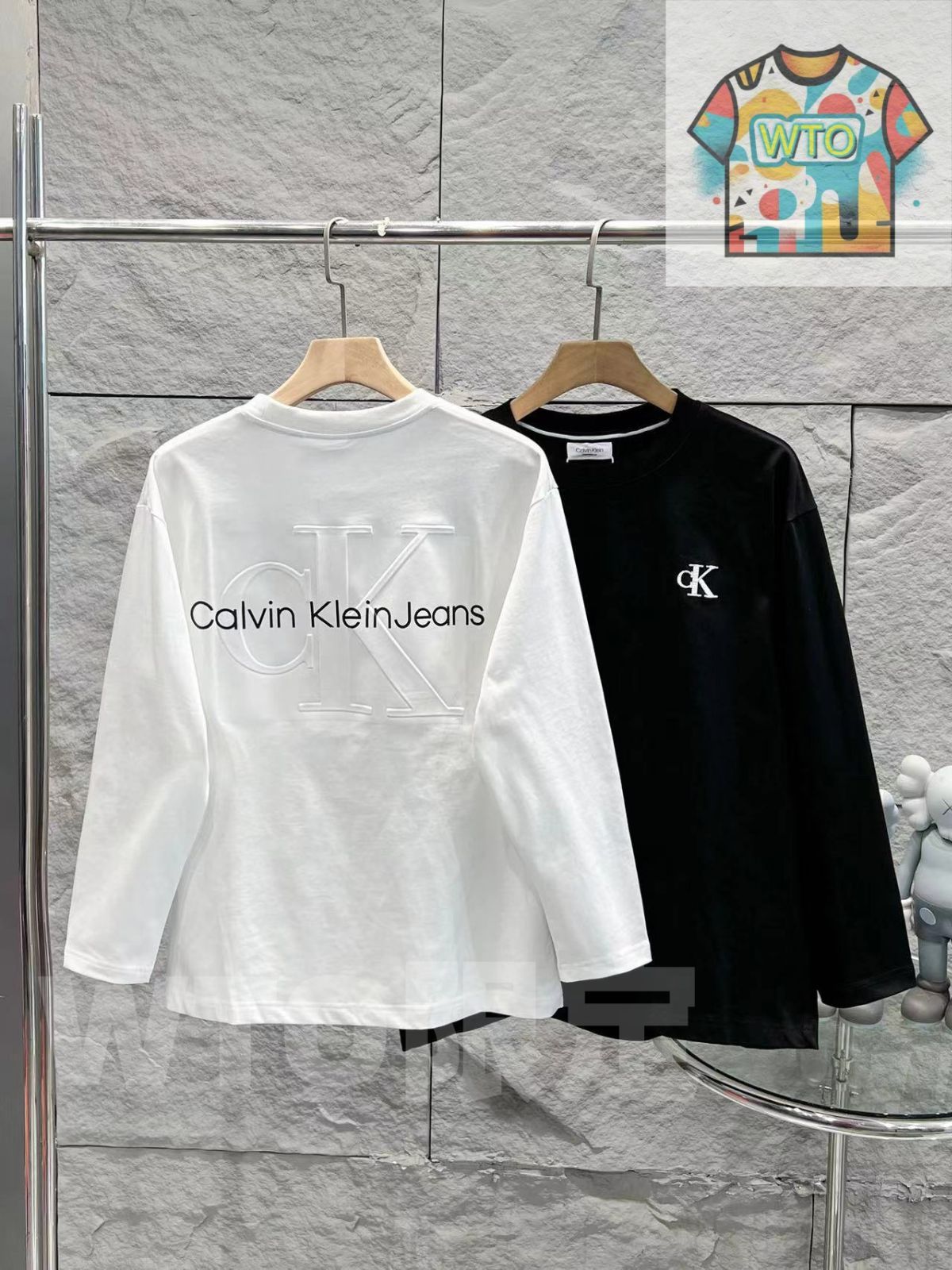 WTO通販 Calvin Klein メンズ&レディース カジュアル ロングスリーブ Tシャツ プリント&刺繍 ブラック ホワイト S-XL -WTO輸入-DXT62