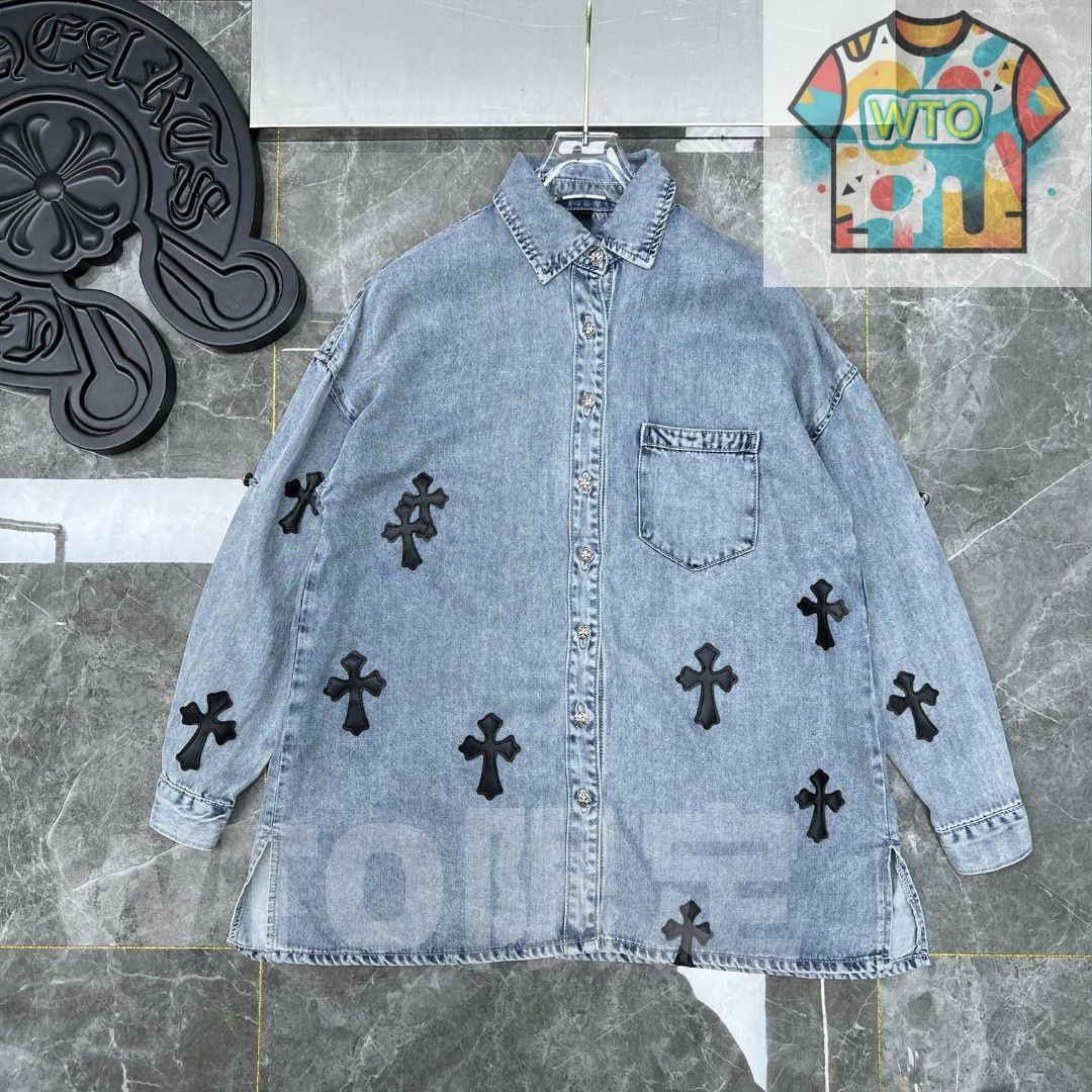 WTO通販 Chrome Hearts メンズ デニムシャツ 刺繍＆レザーパッチ カスタムウォッシュデニムブルー S-XL -WTO輸入-COW46