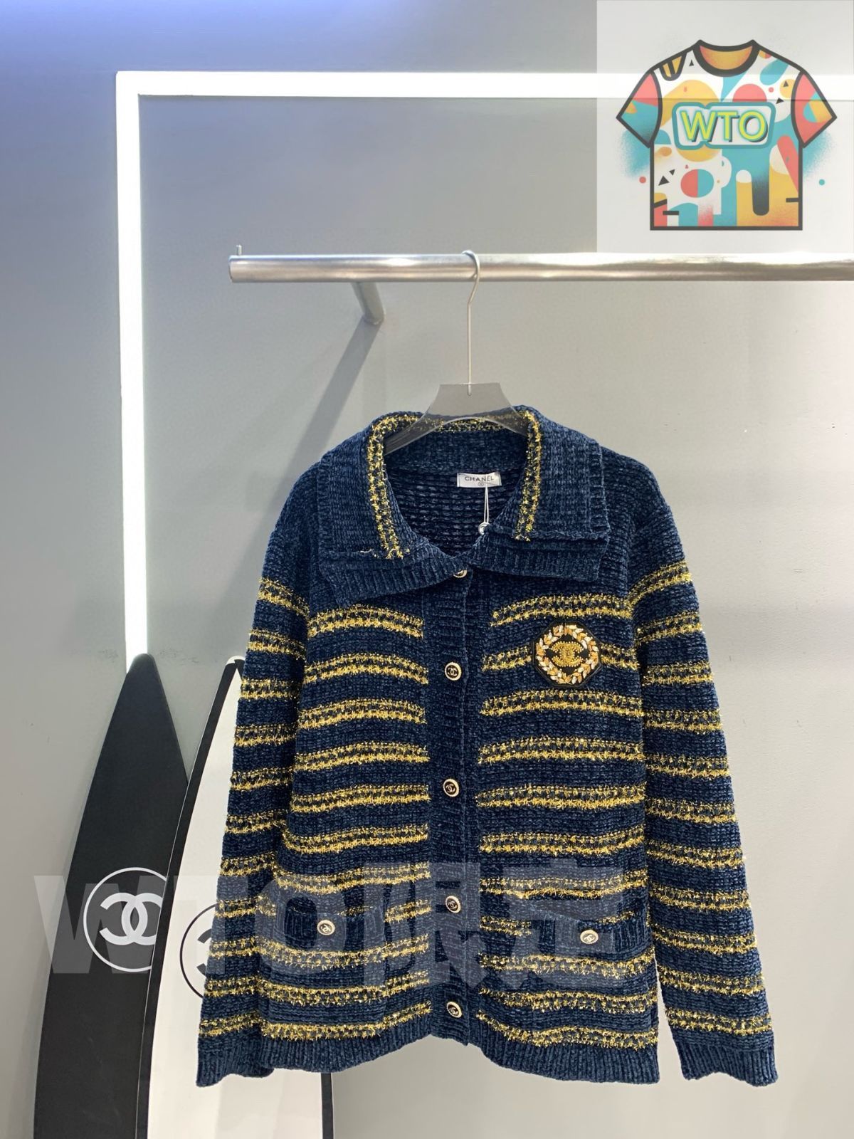 Chanel レディース カーディガン ダブルCボタン ストライプ ブルー フリーサイズ