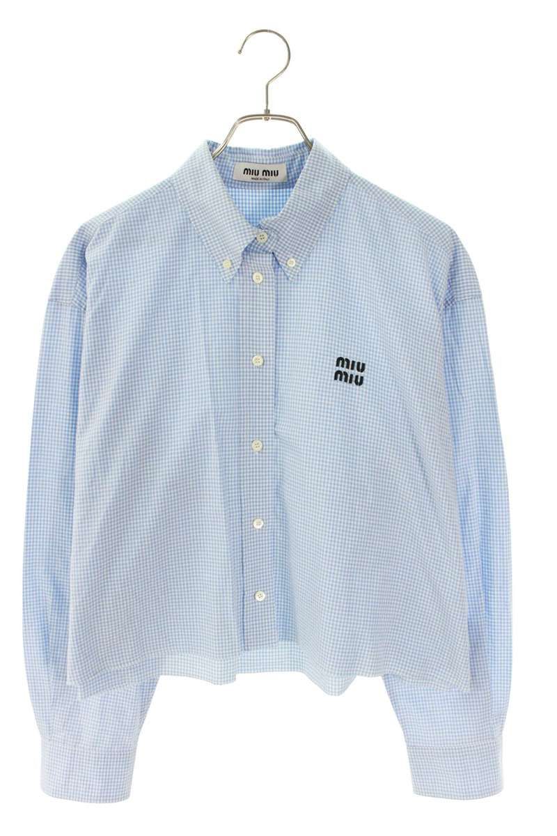 ミュウミュウ MK1659 ロゴ刺繍チェック柄ショート丈長袖シャツ レディース 40