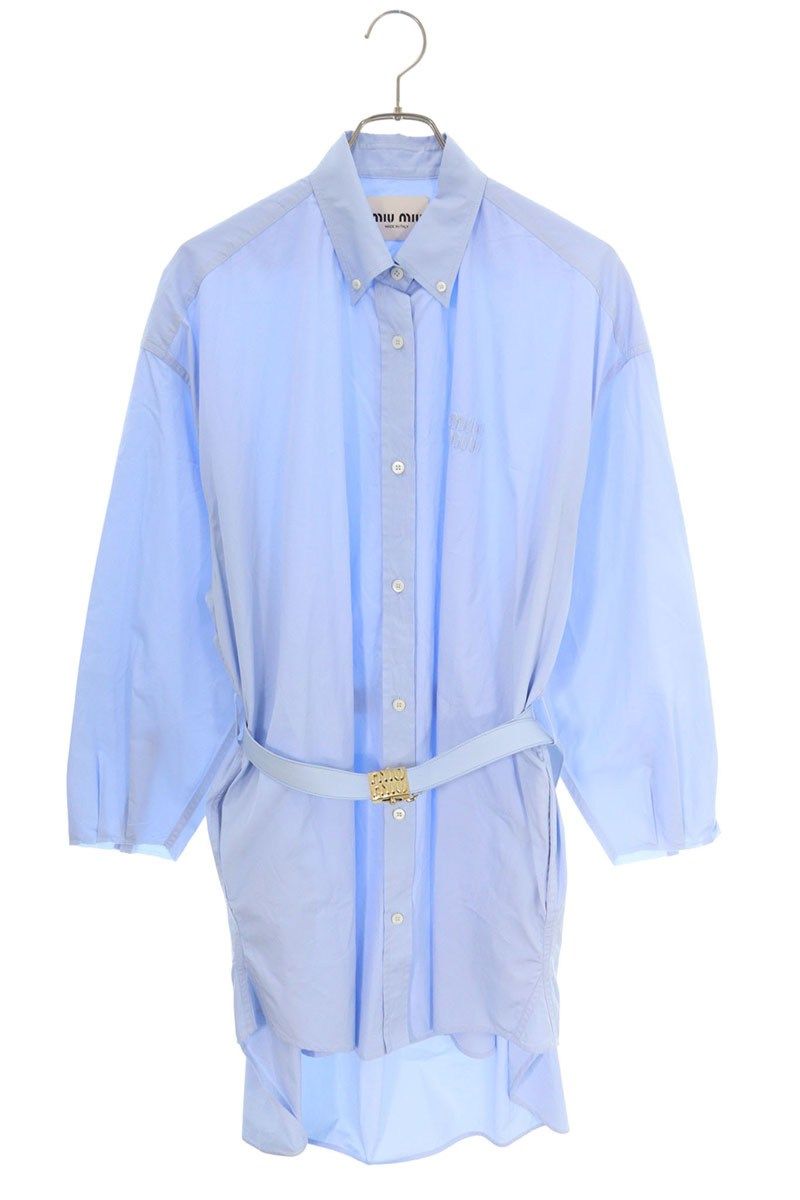 学問的な ミュウミュウ MF5433 ロゴパッチベルテッドドレス長袖シャツ レディース 38 耐久性のある