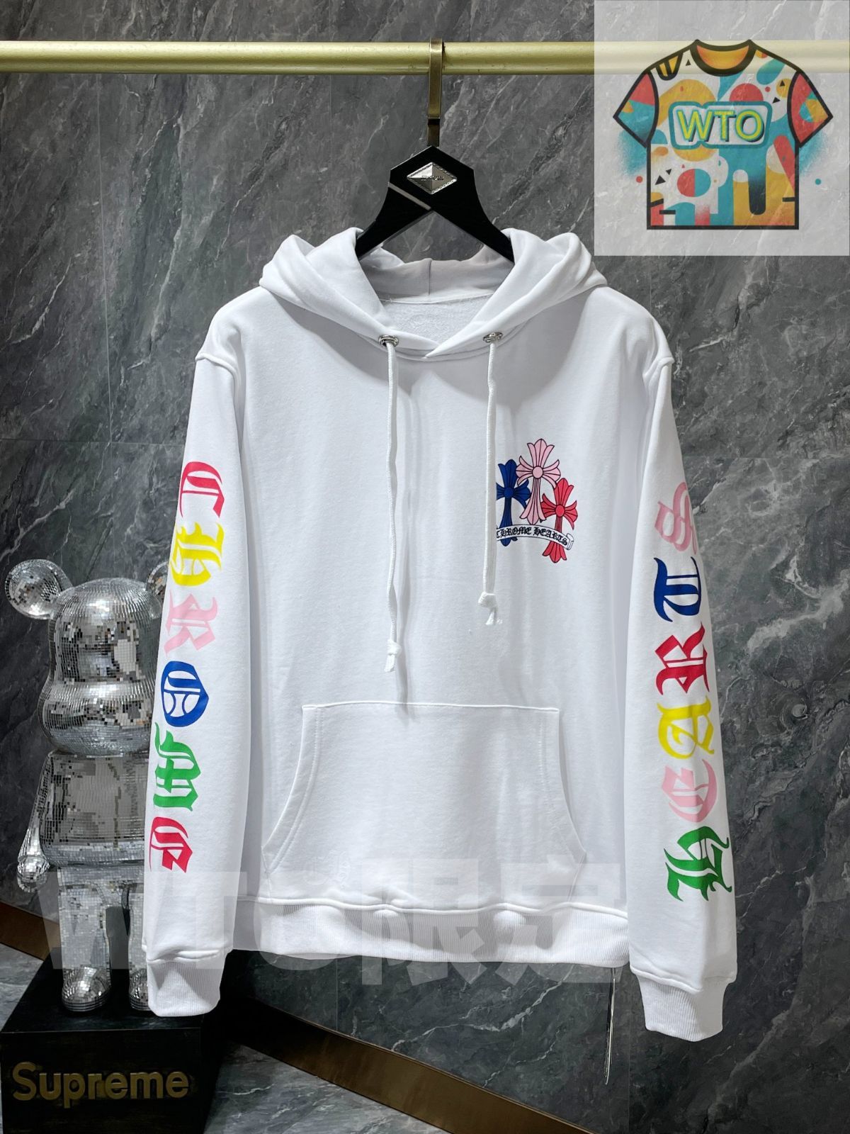 WTO通販 Chrome Hearts メンズ フーディー カラフルクロス プリント ブラック ホワイト S-XL -WTO輸入-WHF08