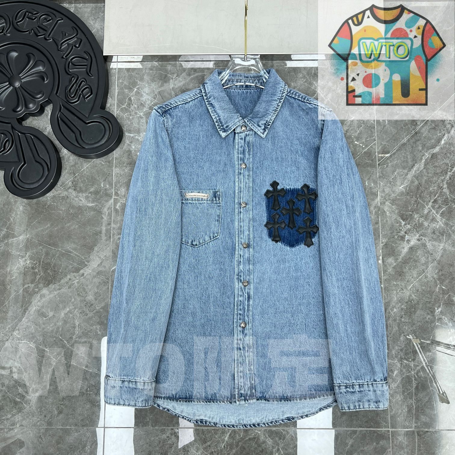 WTO通販 Chrome Hearts メンズ デニムシャツ 刺繍&レザーパッチ カスタムウォッシュデニムブルー S-XL -WTO輸入-STA96