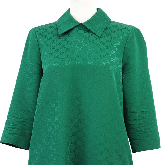 GUCCI グッチ ワンピース GGスプリーム ジャガード モノグラム バックジップ コットン × レーヨン ハーフスリーブ ドレス レディース サイズ 38 グリーン 緑 イタリア製