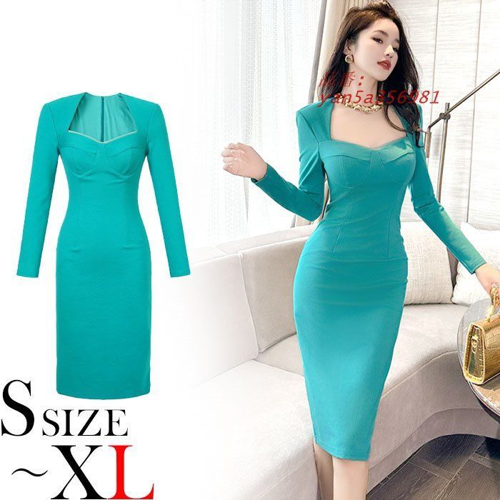 胸元開き 背中ファスナー 膝丈タイト長袖ワンピース 水色 キャバ スナック 服 韓国 レディース ラウンジ パーティー yan5a356981