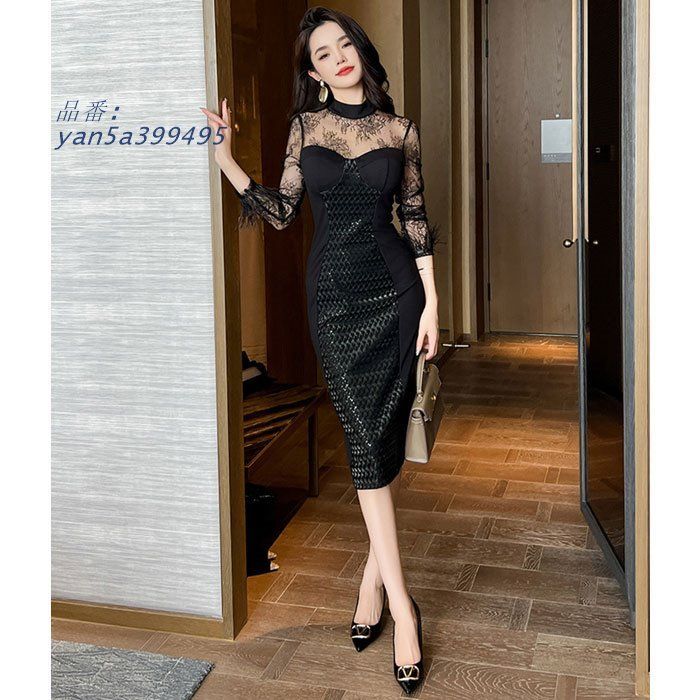 シースルーレース長袖 膝丈タイトドレスワンピース 黒 結婚式 お呼ばれ パーティー 韓国 ドレス レディース yan 5 a 399495