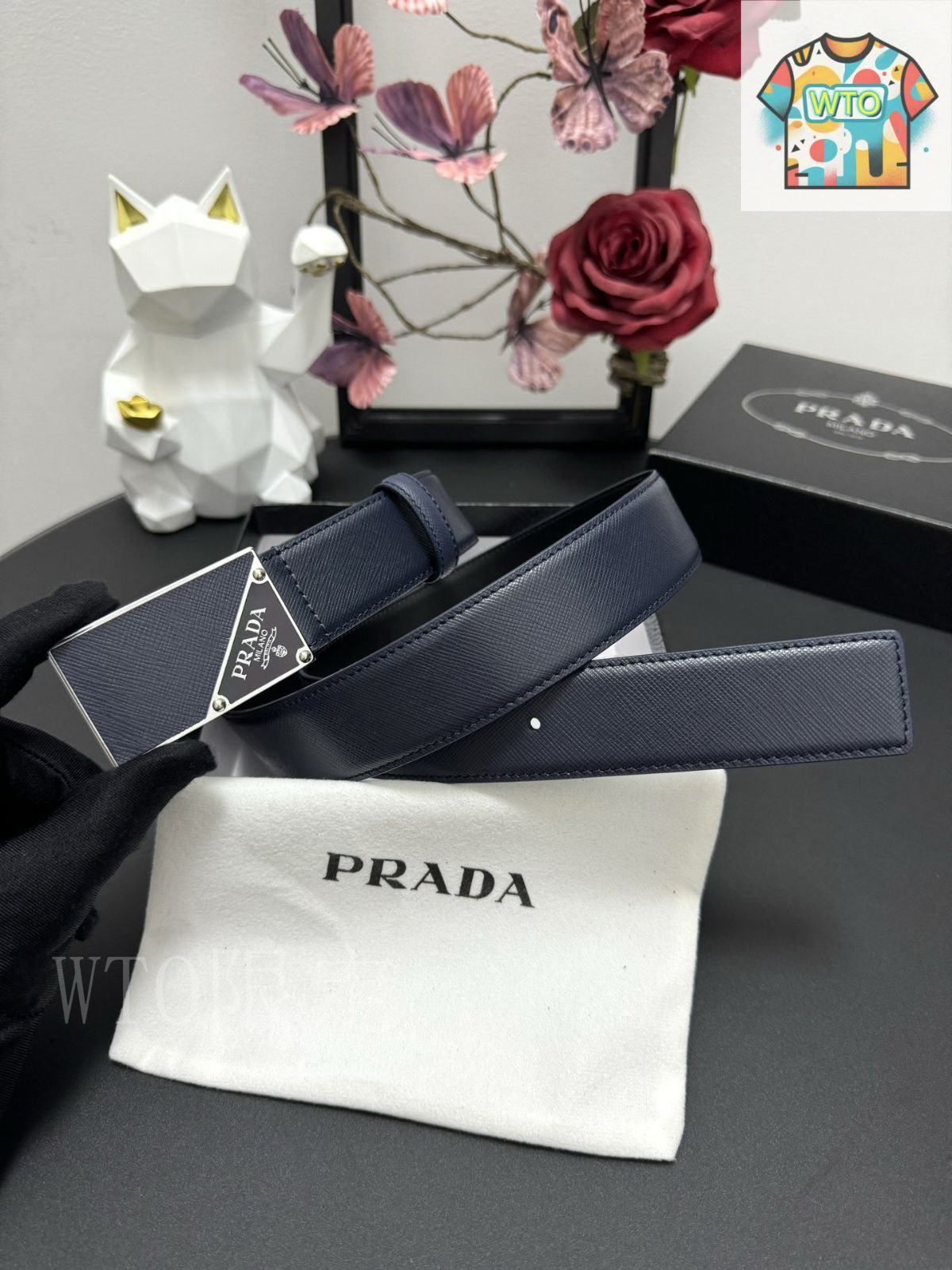 WTO通販 PRADA プラダ クロスグレインレザーベルト-WTO輸入-LUH78