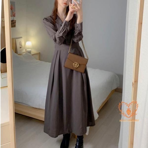 50代 春夏 ロング丈 夏 無地 襟付き レディース 長袖 ワンピース Aライン きれいめ フォーマル 40代 春