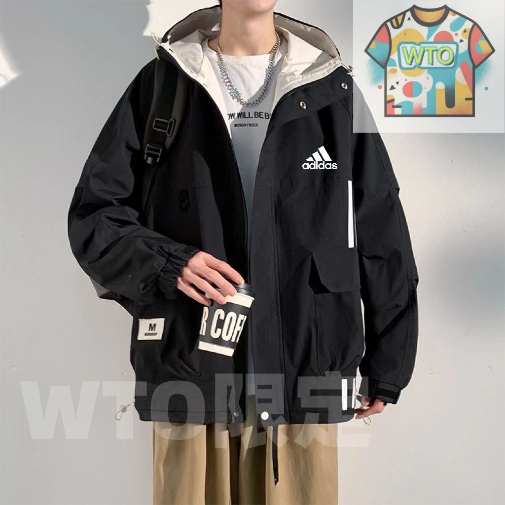アディダス Adidas 春と秋の新モデルのレジャージャケット 男性用 どんなものにもマッチする通気性のあるアウタージャケット アメリカンスタイルのフード付きで 感あふれる レラックスフィットのライダージャケット