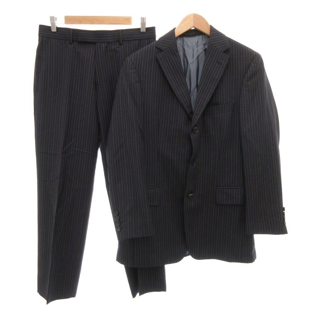 ヒューゴボス HUGO BOSS セットアップ スーツ SUPER 130 テーラードジャケット パンツ シングル 2B サイドベンツ ウール ストライプ 44 黒 ブラック グレー GV
