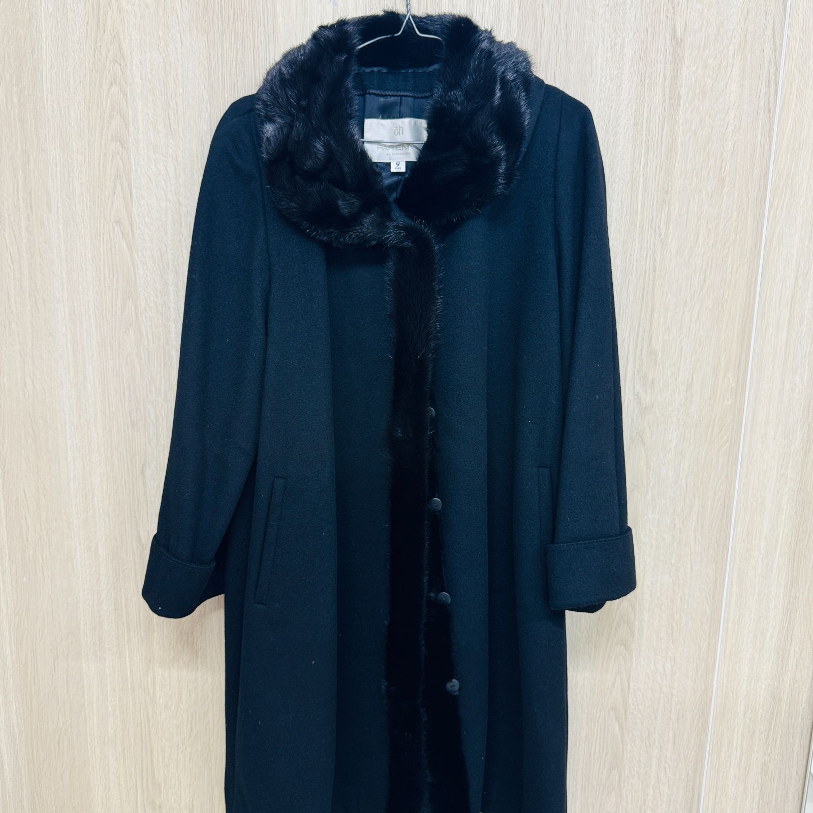 S【ミンク】PARIENNE 毛皮コート ファー付き ロングコート ブラック