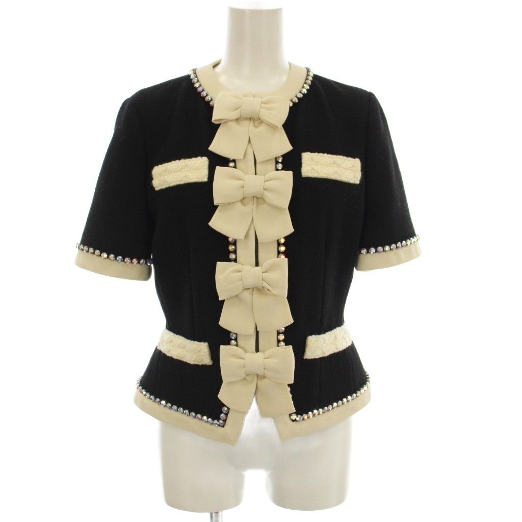 グッチ GUCCI 半袖 ノー ジャケット リボン ラインストーン 38 黒 ブラック 493637 G