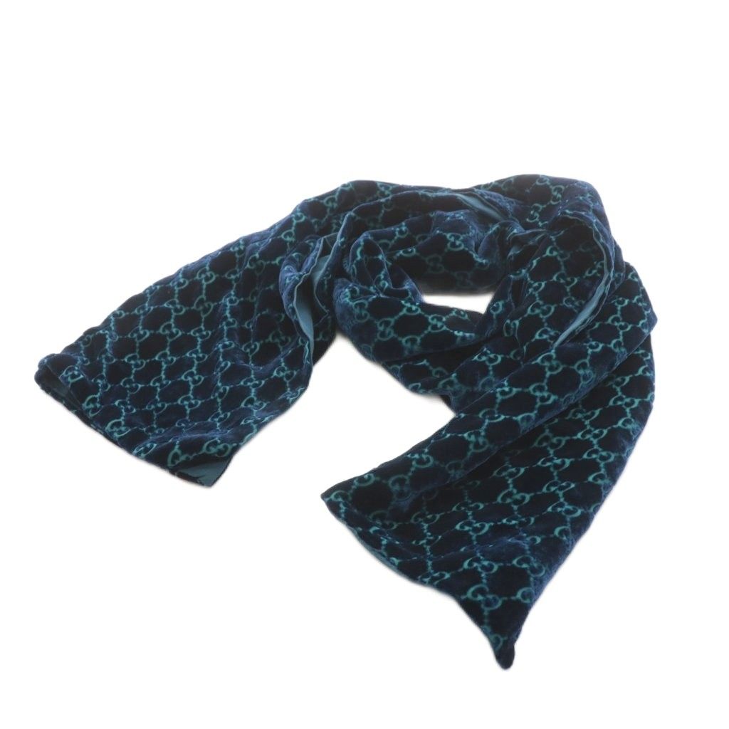 グッチ GUCCI GG柄 マフラー ベルベット シルク 絹 紺 ネイビー AN9 OH