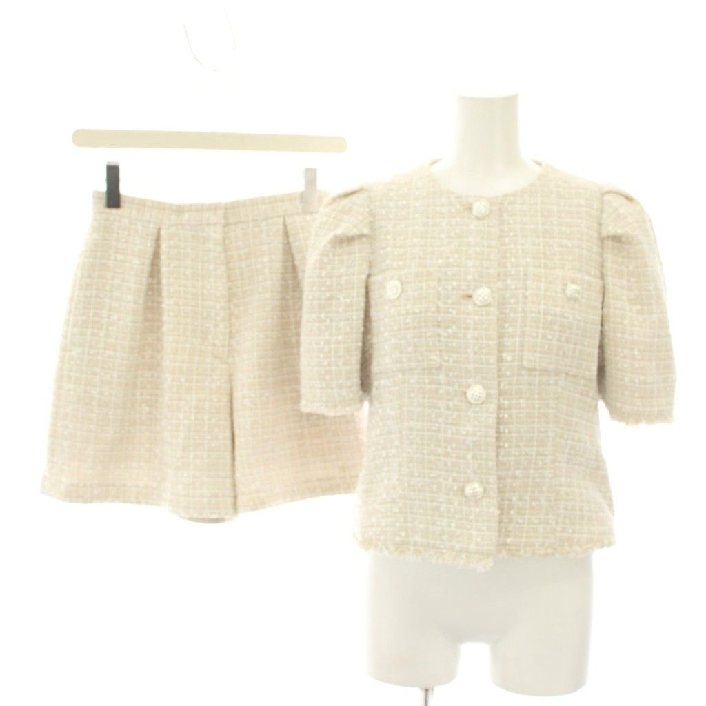セルフォード CELFORD 22AW スーツ セットアップ 上下 ファンシーツイード半袖ジャケット ショートパンツ フリンジ ラメ 36 ベージュ YT
