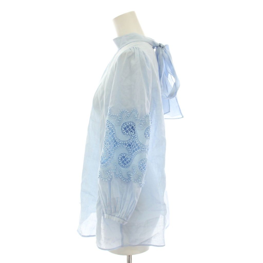 アナイ ANAYI 22SS シャツ ブラウス ハイネック 長袖 レース切替 リボン 麻 リネン混 36 水色 ライトブルー 102217-13-280-63 YT