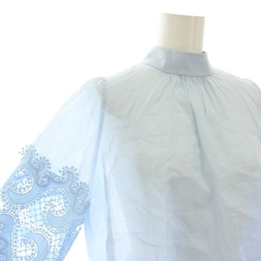  アナイ ANAYI 22 SS シャツ ブラウス ハイネック 長袖 レース切替 リボン 麻 リネン混 36 水色 ライトブルー 102217-13-280-63 YT 長袖 シャツ ブラウス