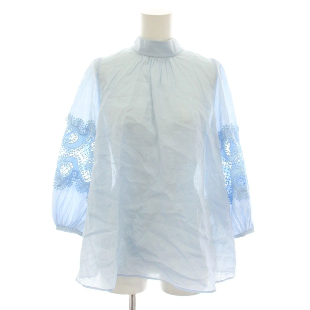 アナイ ANAYI 22SS シャツ ブラウス ハイネック 長袖 レース切替 リボン 麻 リネン混 36 水色 ライトブルー 102217-13-280-63 YT