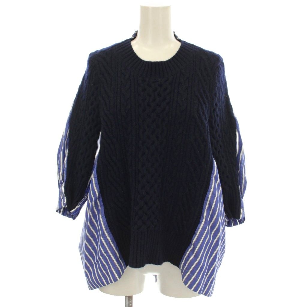 サカイ sacai ニット ドッキングシャツ ストライプ 五分袖 ネイビー 紺