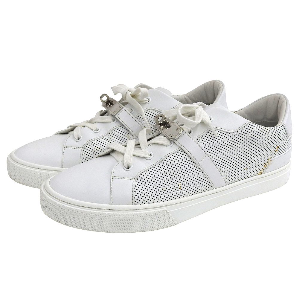 HERMES エルメス デイ ホワイト ケリーバックル パンチングデザイン ローカット スニーカー カーフ×シェーブル SV金具 ホワイト 43 1 2 43.5