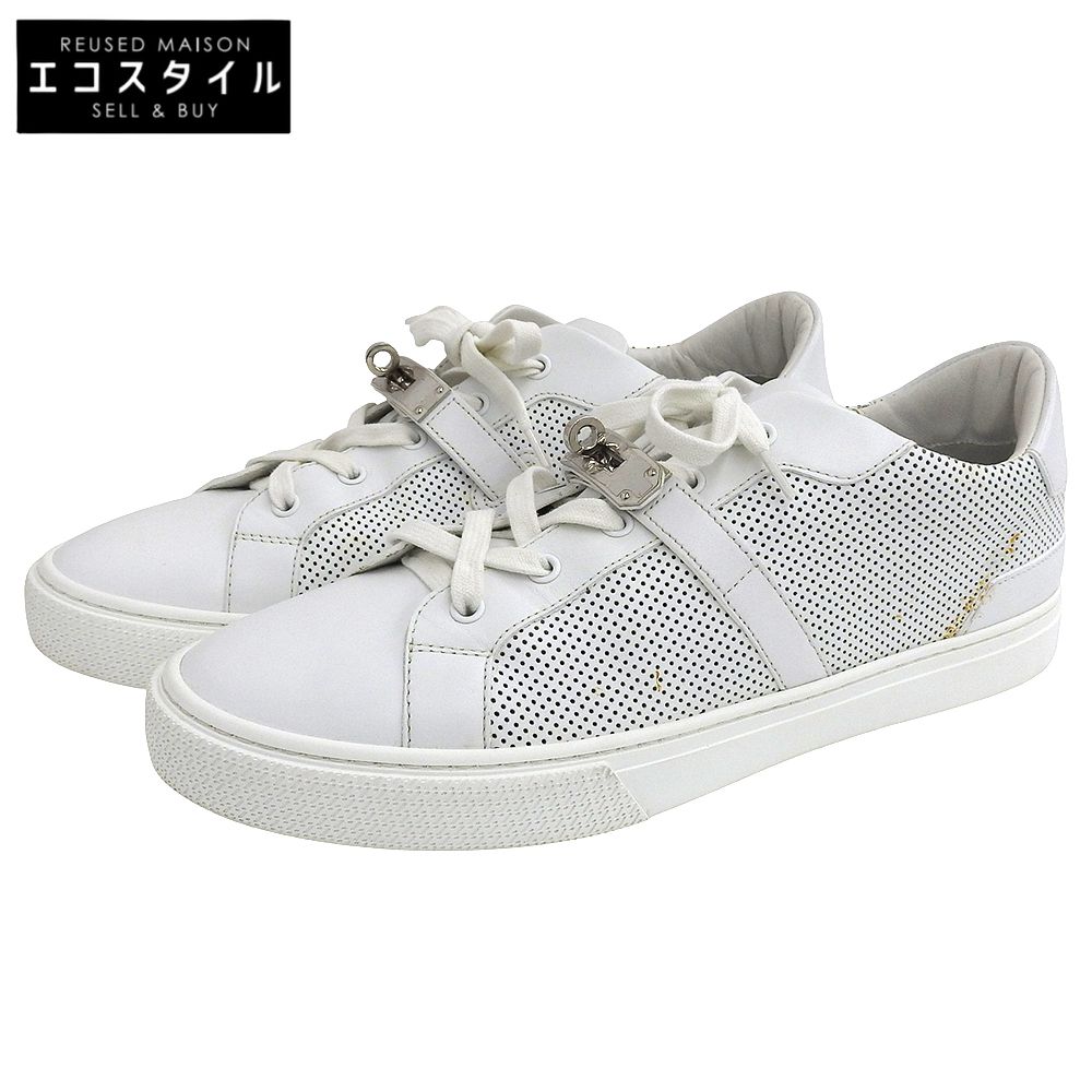 HERMES エルメス デイ ホワイト ケリーバックル パンチングデザイン ローカット スニーカー カーフ×シェーブル SV金具 ホワイト 43 1 2 43.5