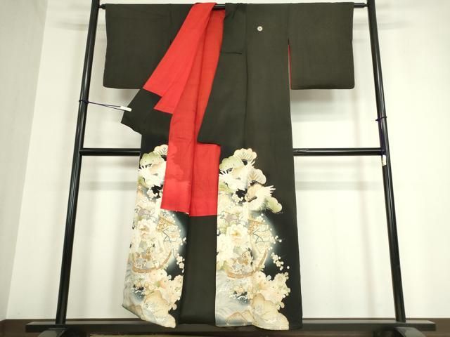 平和屋着物●アンティーク　大正ロマン　黒留袖　松竹梅群れ鶴文　正絹　逸品　AABD4409ph 平和屋着物▽アンティーク 大正ロマン 黒留袖 刺繍 飛鶴宝船花文 金彩