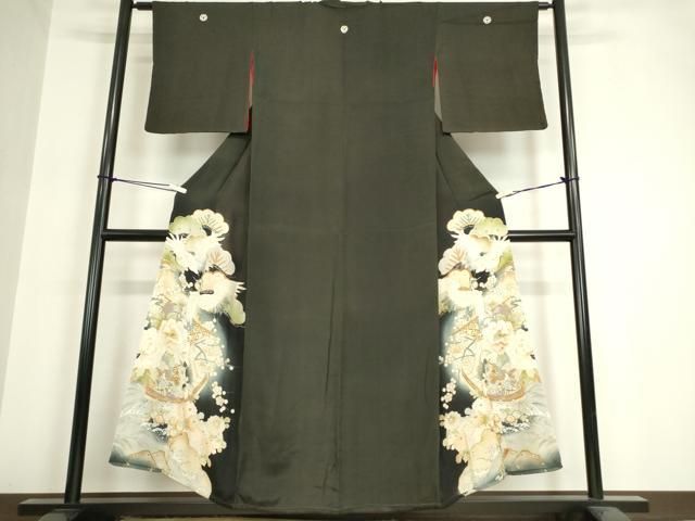 平和屋着物▽アンティーク 大正ロマン 黒留袖 刺繍 飛鶴宝船花文 金彩