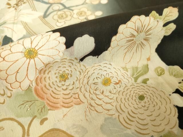 平和屋着物▽アンティーク 大正ロマン 黒留袖 刺繍 飛鶴宝船花文 金彩